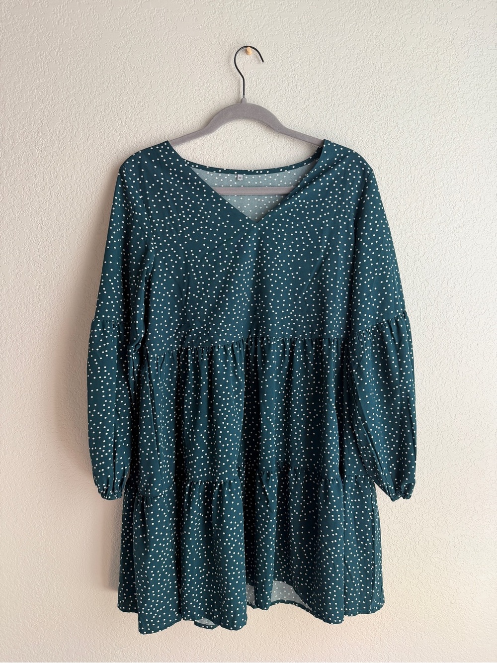 Polka Dot V-Neck Tiered Tunic Dress - Teal/White